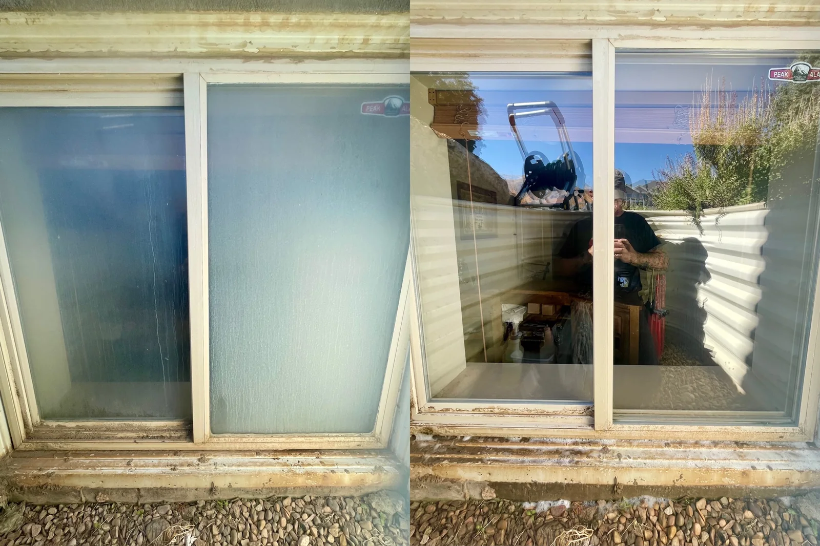 Before and after: cloudy residential window glass on the left and clear glass after cleaning on the right